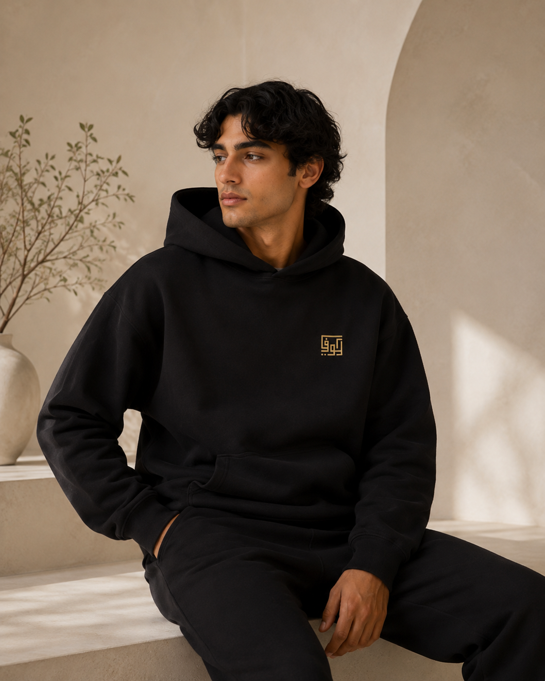 The Art of Kufic Cozy Essentials collection featuring soft hoodies, sweatshirts, and matching pants on a warm neutral background.